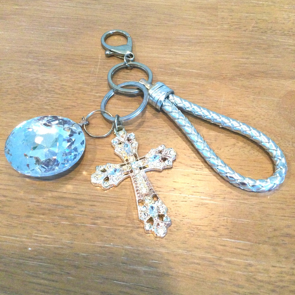 Key Chain w/ Crystal, Rhinestone Cross, Braided Rope - Picture 6 of 11